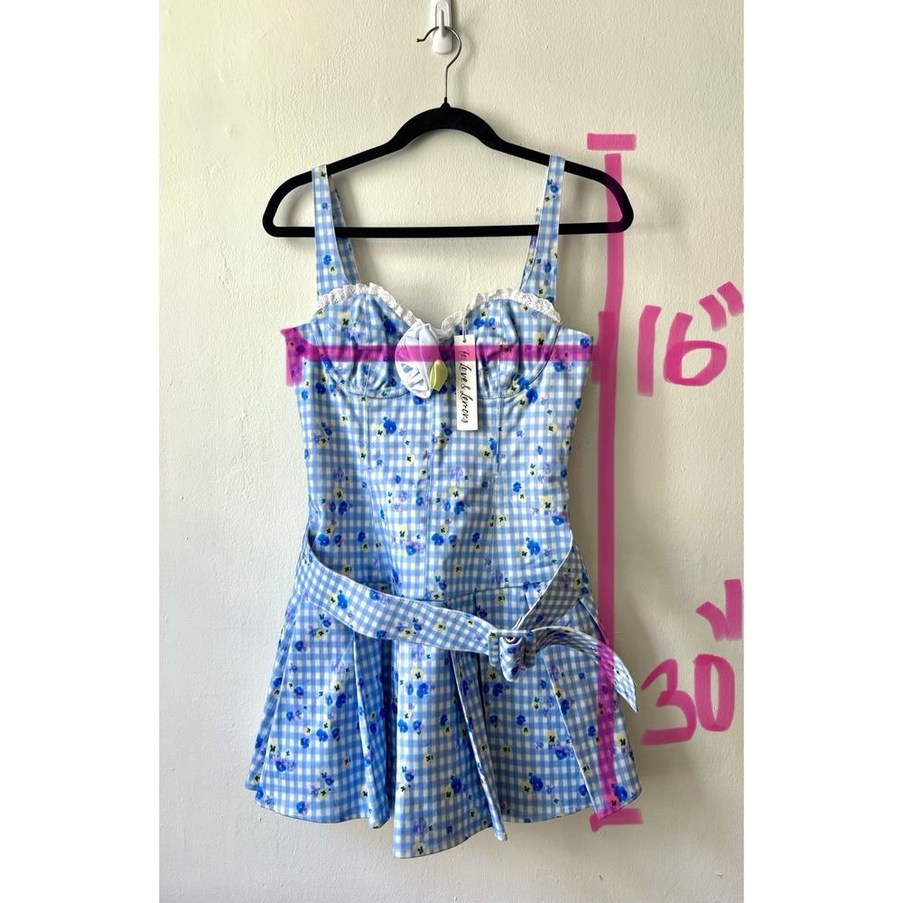 For Love & Lemons NEW $461 Brigitta Rose-Embellished Gingham Mini Dress Small - Picture 8 of 8